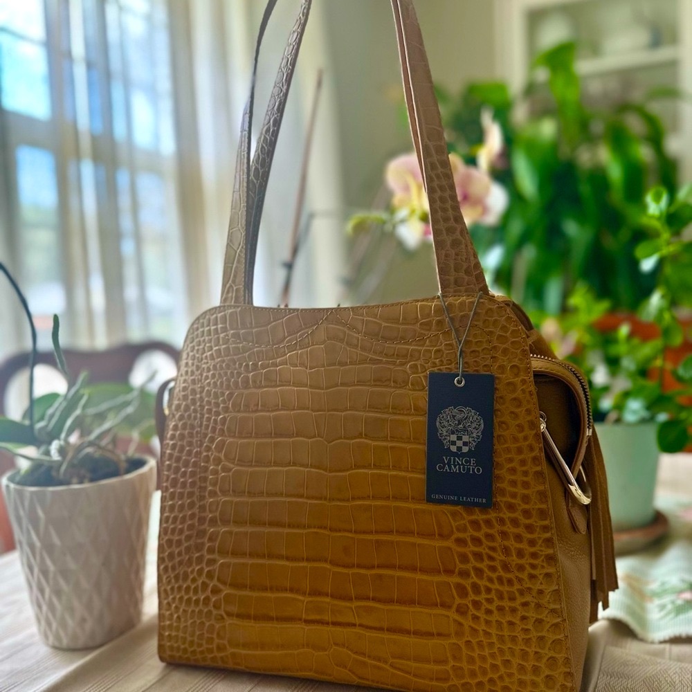 Vince Camuto Croc-Embossed Shoulder Tote in Creamy Caramel